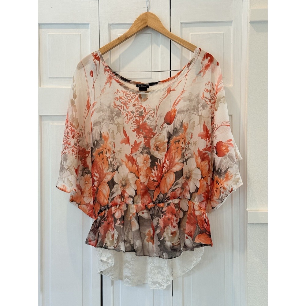Nue Options Floral Sheer Lace Peplum Flutter Sleeve Blouse Wmns XXL Boho Fairy